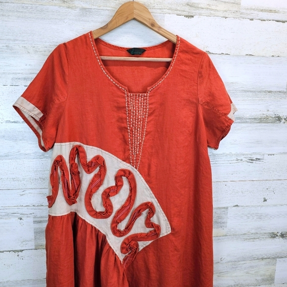 Peacock Ways Linen Lagenlook Casual Dress Sz Large Orange Artsy Folksy Modest - Picture 6 of 14